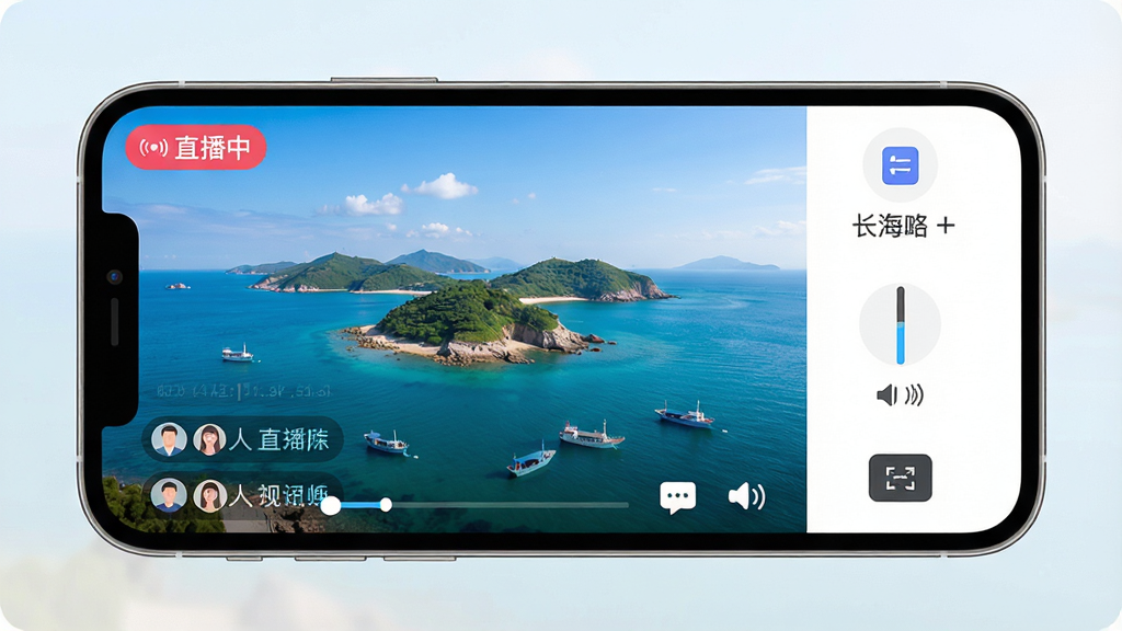 长海融媒APP视频直播功能展示图。主体为手机横屏播放界面,画面中显示美丽的海岛风光和“直播中”角标,屏幕下方有观众评论区滚动。布局采用左右分栏,左侧为播放窗口,右侧为功能按钮区。风格为现代扁平化UI设计,细节包含清晰的时间轴、音量条、全屏按钮。画质高清,画面干净整洁。