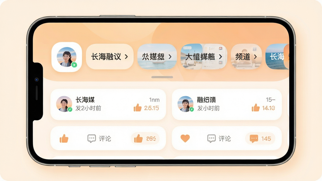 长海融媒APP个性化订阅与互动社区界面。主体展示手机屏幕,屏幕内显示用户自定义的频道标签和社区帖子列表。布局为上下结构,上方是横滑的频道栏,下方是带有点赞评论图标的帖子卡片。风格为温暖柔和的圆角卡片设计,细节包含用户头像、发布时间和简洁的互动按钮。画质清晰,画面干净,无多余元素。