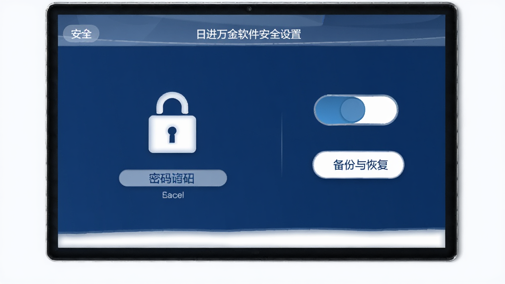 日进万金软件安全设置页面,屏幕显示密码锁和指纹解锁开关,旁边有备份与恢复按钮,界面配色为深蓝色与白色,图标简洁,背景干净,画质高清,突出安全主题