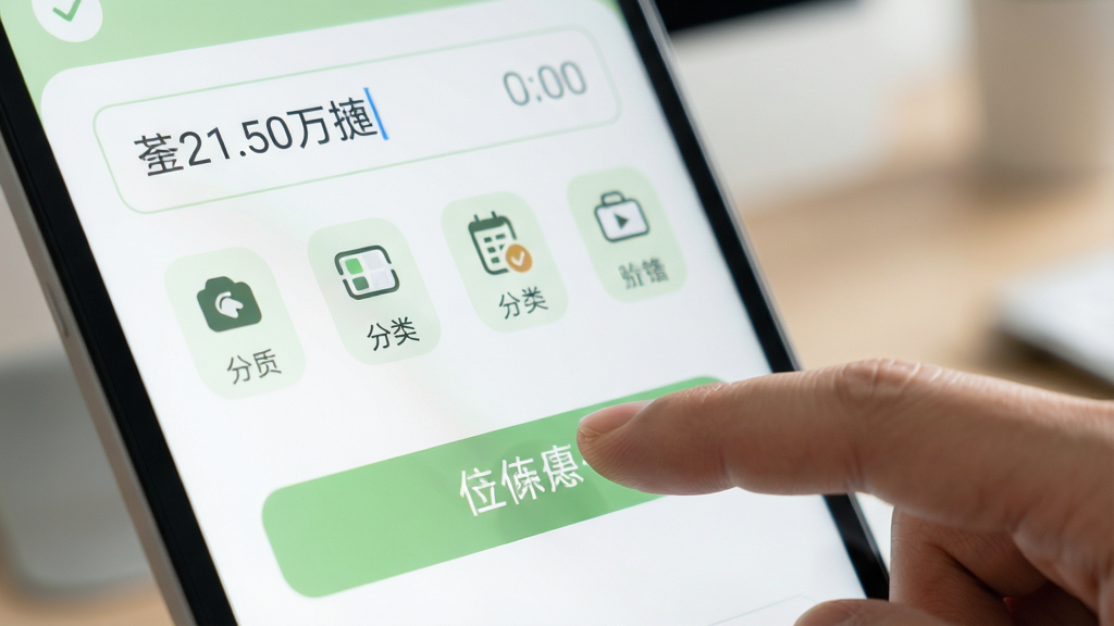日进万金软件记账界面特写,手指正在点击保存按钮,屏幕上方显示金额输入框和分类图标,界面配色为白色与浅绿色搭配,图标圆润清晰,背景虚化处理,突出操作动作,画质高清,干净无杂乱元素