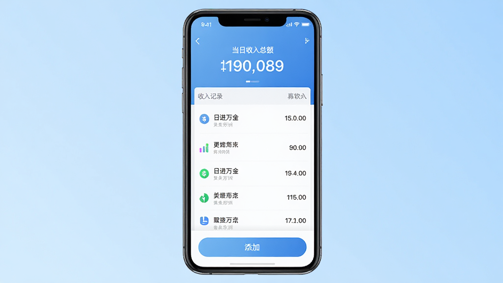 手机屏幕中央展示日进万金软件主界面,顶部显示当日收入总额,中部为收入记录列表,底部为添加按钮,背景为浅蓝色渐变,界面干净整洁,文字清晰可见,整体风格简约现代,画质高清,无多余元素