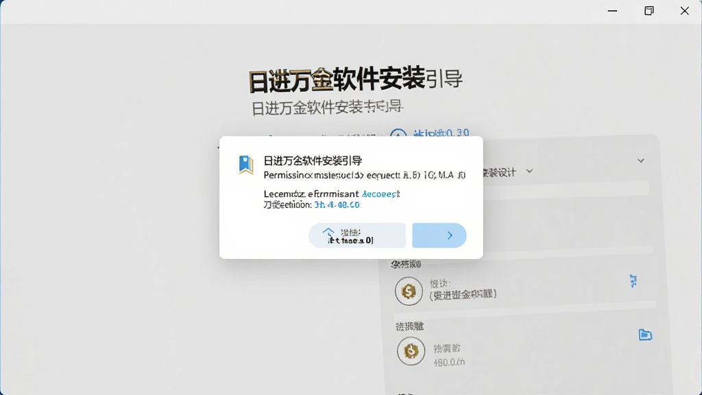 日进万金软件安装引导页面截图,屏幕显示权限请求弹窗和设置选项,界面简洁,文字清晰,背景为白色,整体风格干净利落,画质高清,无多余元素