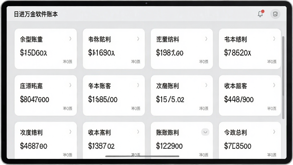 日进万金软件账本切换界面,屏幕显示多个账本卡片,卡片上标有账本名称和收入总额,卡片排列整齐,背景为浅灰色,界面风格清爽素雅,画质高清,文字清晰,无多余元素