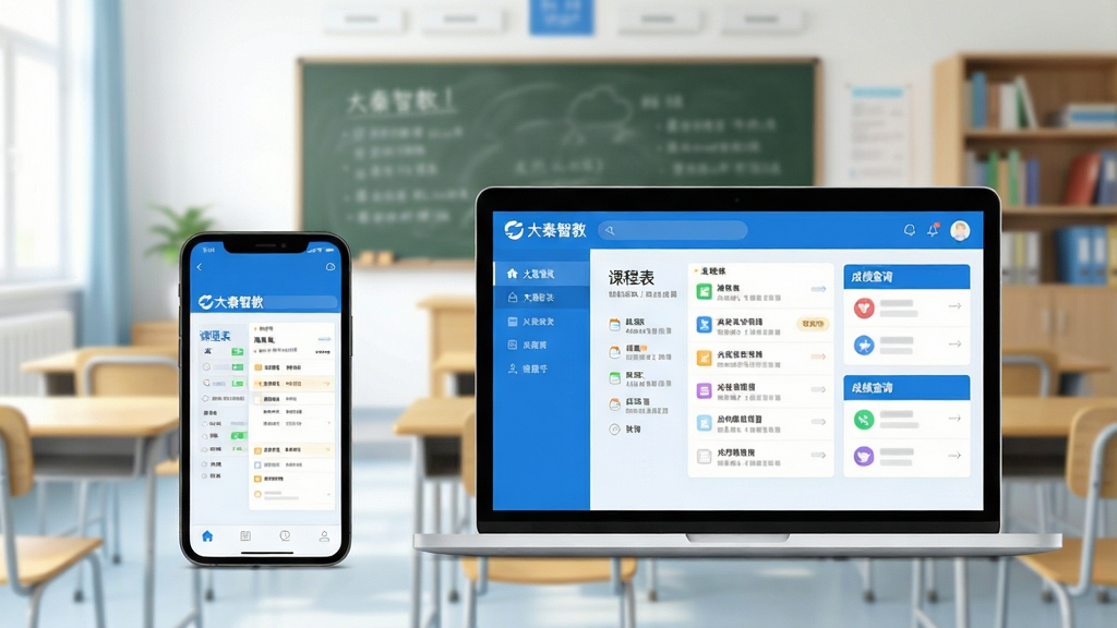 画面中央放置一部智能手机和一台笔记本电脑,屏幕中展示“大秦智教”智慧校园应用界面,包含课程表、通知列表与成绩查询模块;背景为明亮教室场景,黑板、课桌、书架作为虚化元素;整体采用蓝白清新配色,扁平化UI风格,排版左右对称;画质清晰,干净整洁,无多余元素