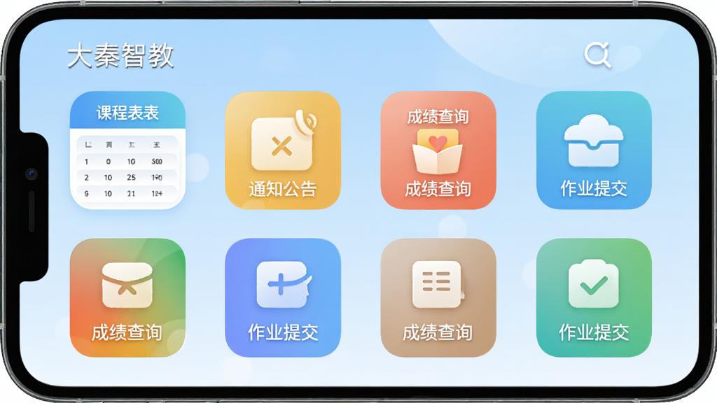 手机屏幕中展示“大秦智教”应用主界面,页面排列课程表、通知公告、成绩查询、作业提交等彩色功能图标;背景为柔和渐变浅蓝色,图标采用圆角矩形设计,风格简约现代;画质清晰,布局整齐,干净无杂乱元素