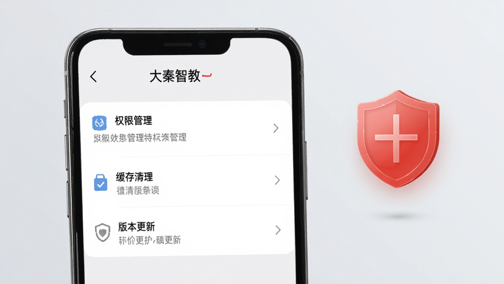 手机屏幕中显示“大秦智教”应用设置页面,包含权限管理、缓存清理、版本更新等选项;画面右侧漂浮一个红色盾牌图标代表安全防护;背景为浅灰色,风格简洁实用;画质清晰,干净无多余元素