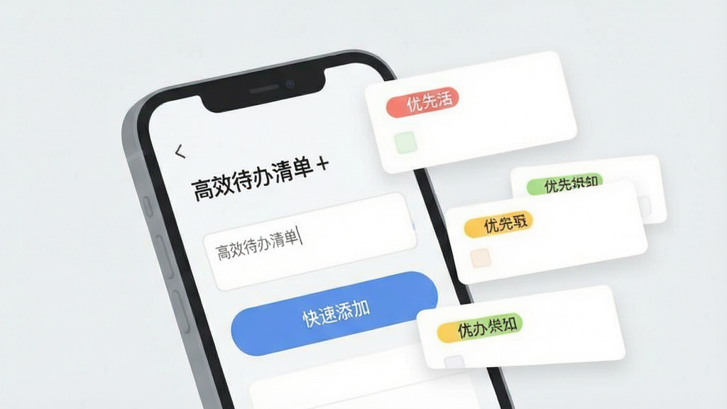 一个简约风格的手机界面插画,画面展示“高效待办清单”的文字输入框与快速添加按钮,旁边漂浮着几条已生成的待办卡片,卡片上有彩色优先级标签,背景干净浅灰,扁平化设计,细节清晰,画质干净