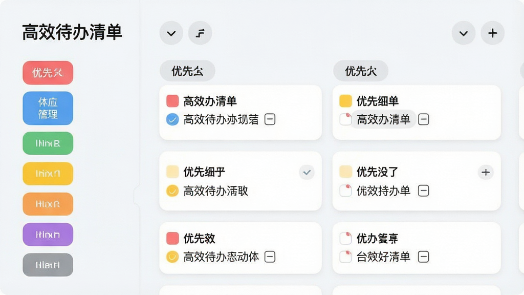 画面展示“高效待办清单”的分类管理界面,左侧为彩色标签栏,右侧为对应任务列表,任务卡片按优先级排列,顶部有折叠展开按钮,整体风格清爽浅色,布局整齐,画质干净,无多余装饰