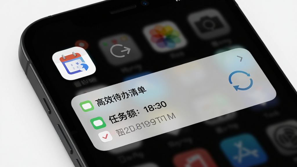 一部手机屏幕弹出“高效待办清单”的提醒通知,通知卡片上显示任务名称与时间,背景为深色模式下的手机桌面,旁边有日历图标与同步箭头,整体风格科技简约,画质清晰,无杂乱元素