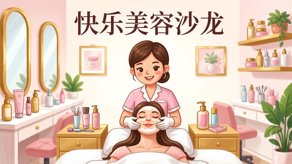 一张明亮温馨的美容沙龙场景插画,画面中央是一位微笑的美容师正在为顾客做面部护理,周围摆放着各种美容产品和工具,色调以粉色、金色和白色为主,整体风格清新可爱,画面上方用优雅的字体写着