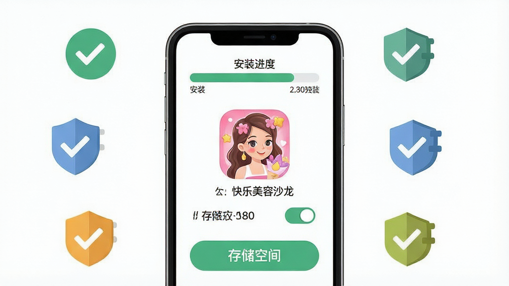 一张手机游戏安装教程风格的信息图,画面展示一部智能手机屏幕,屏幕上显示安装进度条和