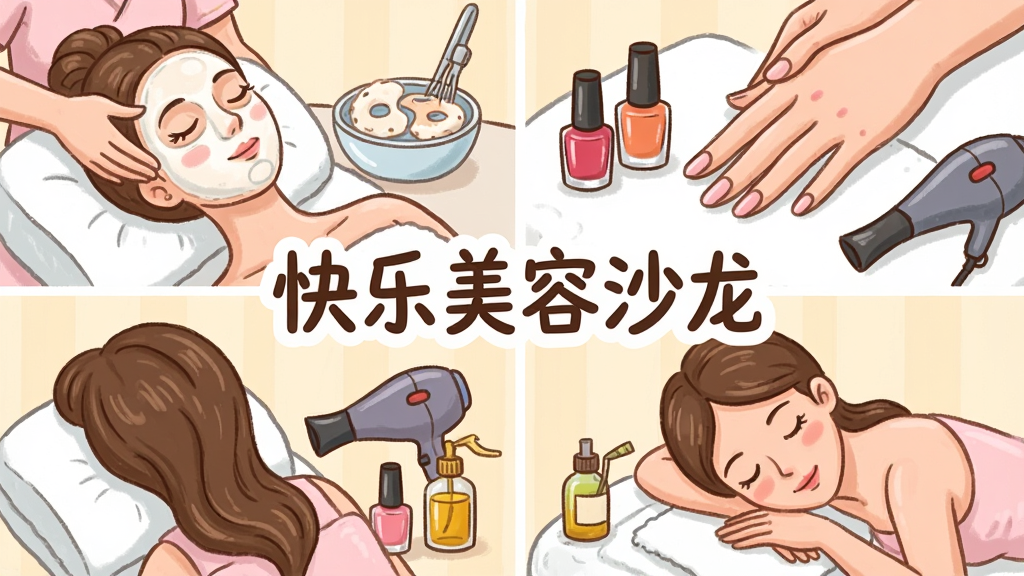 一张展示美容服务项目的插图,画面中分格展示面部护理、美甲、美发、SPA按摩四种服务场景,每格都有美容师操作的特写,画面中央用醒目的字体写着