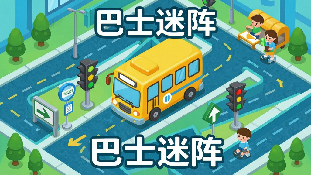 一幅以巴士为主题的益智迷宫游戏场景,画面中央是一辆卡通风格的黄色巴士行驶在复杂的迷宫道路上,周围有红绿灯、站牌、乘客小人等元素,整体布局呈俯视视角,风格清新明快,色彩以蓝绿黄为主,细节包含道路纹理、路标指示、绿化树木,画质清晰干净,无多余元素,画面中可见“巴士迷阵”四个字作为游戏标题,横版构图,适合作为软件下载站配图