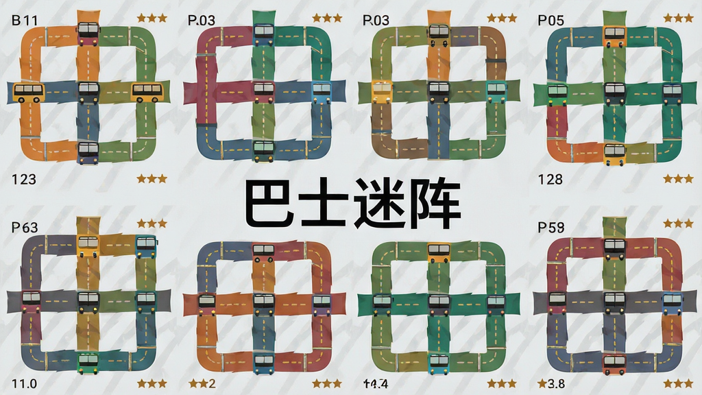 一张展示巴士迷阵游戏多个关卡缩略图的画面,画面中有不同颜色的道路网格和巴士图标,背景为浅灰色,布局为网格排列,风格扁平化设计,细节包含关卡编号和星级评价,画质清晰干净,无多余元素,图片中央写有“巴士迷阵”