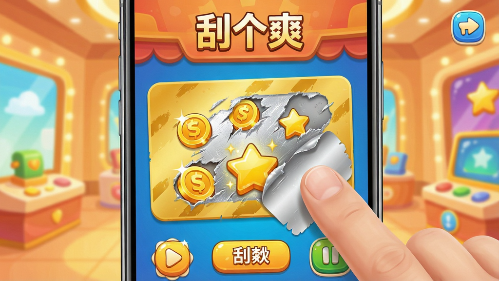 一张手机屏幕特写,画面中央是“刮个爽”游戏界面,屏幕上显示一张金色的刮刮卡,手指正在刮开银色涂层,露出下方的金币和星星图案,背景是明亮的卡通风格游戏大厅,色调温暖活泼,顶部显示游戏名称“刮个爽”,布局居中,风格为休闲手游UI风格,细节包括刮痕纹理、金币闪光特效、按钮图标,画质清晰,干净,无多余元素