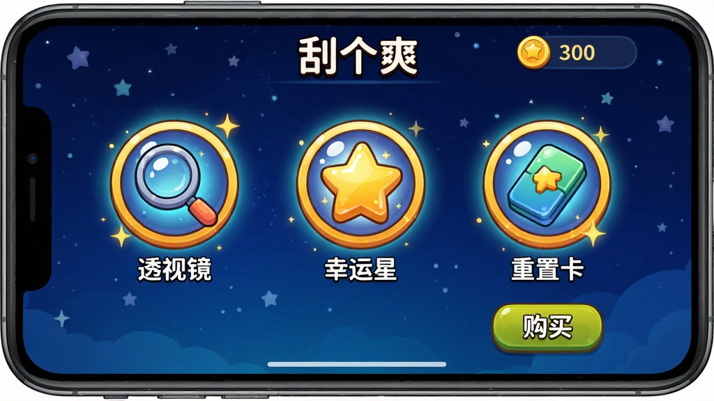 手机屏幕显示“刮个爽”游戏的道具选择界面,画面中有三个圆形道具图标,分别标注“透视镜”“幸运星”“重置卡”,图标采用鲜艳的卡通风格,背景是深蓝色的星空图案,布局为横向排列,风格为休闲手游UI,细节包括道具发光特效、金币数量显示、购买按钮,画质清晰,干净,无多余元素