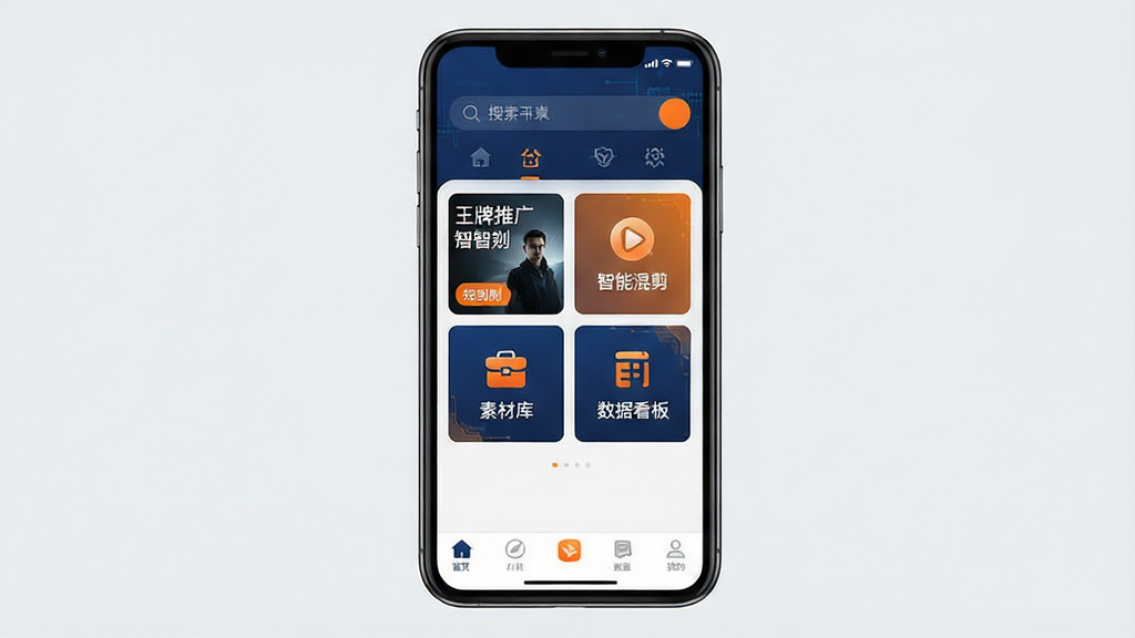 一张展示智能手机屏幕的图片,屏幕中央显示“王牌智媒”应用主界面,界面采用深蓝色与橙色搭配的科技感风格,顶部有搜索栏,中部有短剧推广、智能混剪、素材库、数据看板四个功能卡片,底部有导航栏,背景为干净的浅灰色,整体布局整齐,画质清晰,干净无多余元素