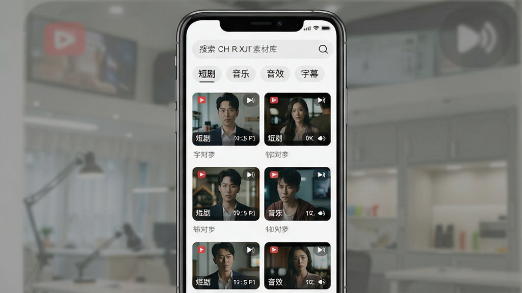 一张展示“王牌智媒”素材库界面的图片,手机屏幕内显示网格状排列的短剧片段缩略图,每个缩略图带有播放时长标签,顶部有搜索框和分类标签“短剧”“音乐”“音效”“字幕”,界面为浅色主题,布局整齐,画质清晰,干净无多余元素