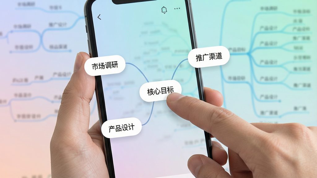 一张展示思维导图软件操作界面的图片,画面主体是一只手握持手机,屏幕上显示着思维导图的编辑界面,手指正拖拽一个写有'核心目标'的节点,节点周围延伸出'市场调研''产品设计''推广渠道'三个分支,布局为居中对齐的放射状结构,风格为扁平化UI设计,细节包括柔和的渐变背景、圆角卡片式节点、清晰的连接线,画质干净通透,无多余装饰元素