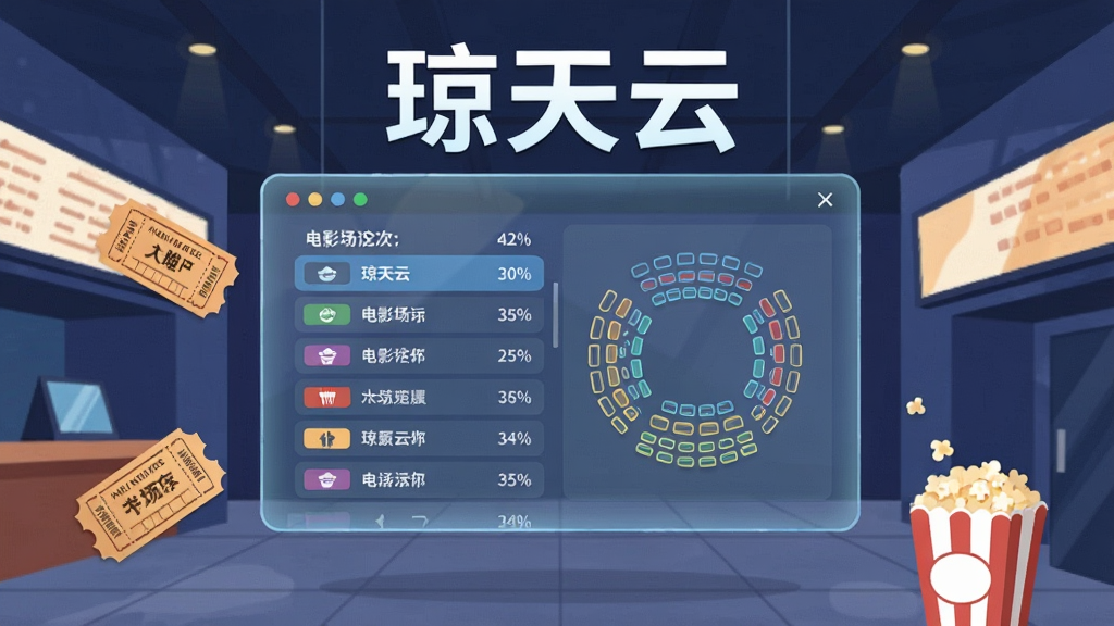 一张以影院大厅为背景的插画,画面中央悬浮着一块半透明数字屏幕,屏幕上显示电影场次列表和座位示意图,屏幕上方用醒目字体写着