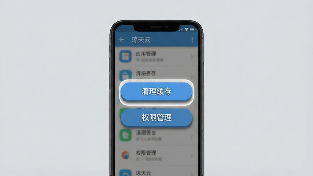 一张展示手机清理缓存和权限设置界面的示意图,画面中央是一部手机,屏幕显示应用管理页面,高亮标注“清理缓存”和“权限管理”两个按钮,背景为简洁的灰色调,布局清晰,风格扁平化设计,细节上按钮有轻微阴影和圆角,画质干净无多余元素,图片中文字标注