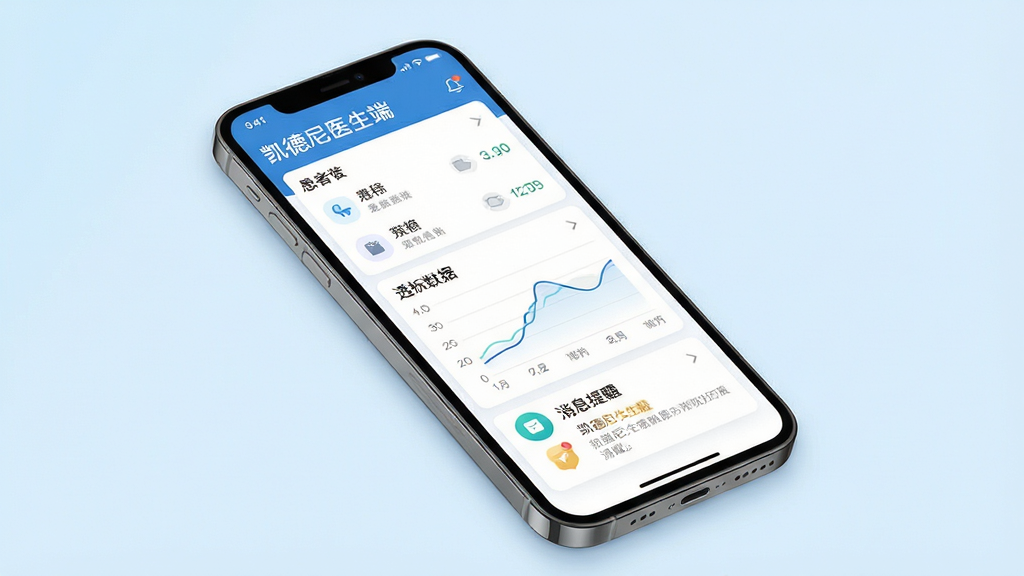 软件全貌展示:主体是一部智能手机屏幕,屏幕中显示凯德尼医生端应用界面,包含患者列表、透析数据图表和消息提醒模块;布局采用居中构图,手机略微倾斜呈现立体感;排版上应用界面元素清晰可见,背景为干净浅蓝色渐变;风格为现代医疗科技感,细节包含简洁的图标、数据曲线和卡片式布局,画面中文字标注“凯德尼医生端”;画质高清,干净无多余元素