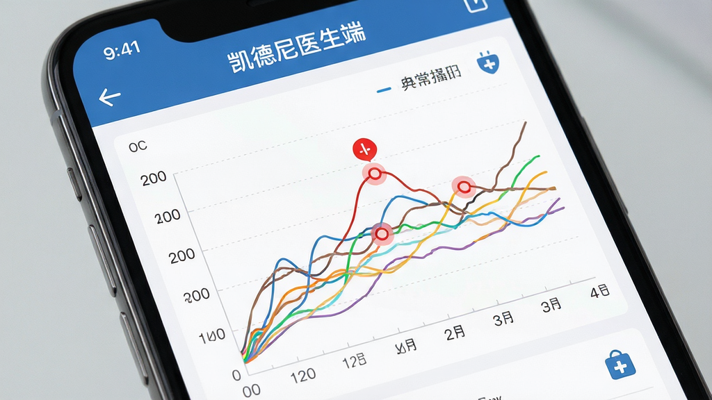 AI生图:主体是凯德尼医生端手机界面展示数据趋势图,图表包含多条彩色曲线和异常提醒红点;布局为手机屏幕特写,屏幕居中;排版上数据图表占据主要区域,顶部有“凯德尼医生端”标题;风格为简洁数据可视化,细节包含清晰的坐标轴、数值标签和图标;画质高清,干净无多余元素