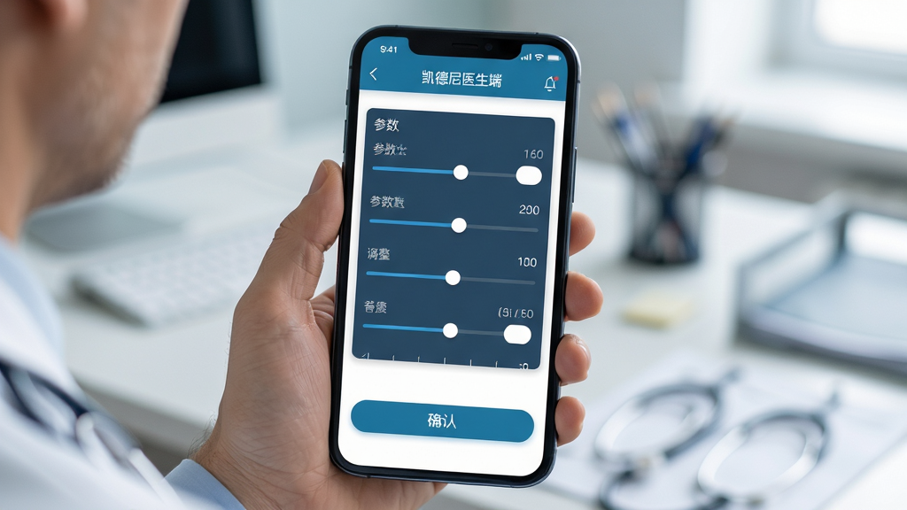 AI生图:主体是医生在手机上查看凯德尼医生端治疗方案调整界面,界面包含参数滑块和确认按钮;布局为手机屏幕正面特写,背景为虚化的医疗办公桌;排版上参数调整区域突出显示;风格为专业医疗软件界面,细节包含“凯德尼医生端”字样、数值刻度和确认图标;画质清晰,干净无多余元素