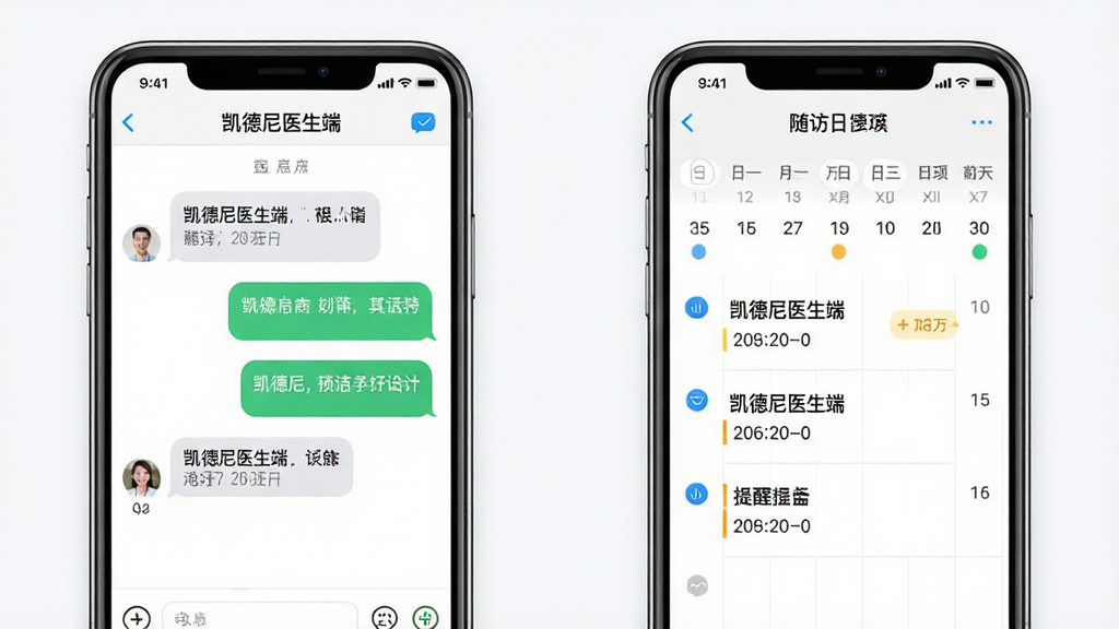 AI生图:主体是凯德尼医生端聊天界面与随访日历界面并排展示;布局为两部手机左右并列,屏幕内容清晰;排版上左侧手机显示医患对话气泡,右侧手机显示日历提醒事项;风格为清新移动应用界面,细节包含“凯德尼医生端”应用名称、消息图标和日期标记;画质清晰,干净无多余元素