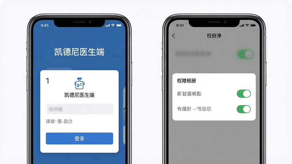 AI生图:主体是凯德尼医生端登录界面与手机设置权限页面并排展示;布局为两部手机左右排列,屏幕内容清晰;排版上左侧显示登录框和“凯德尼医生端”标识,右侧显示权限开启开关;风格为简洁移动应用界面,细节包含文字提示和图标;画质清晰,干净无多余元素