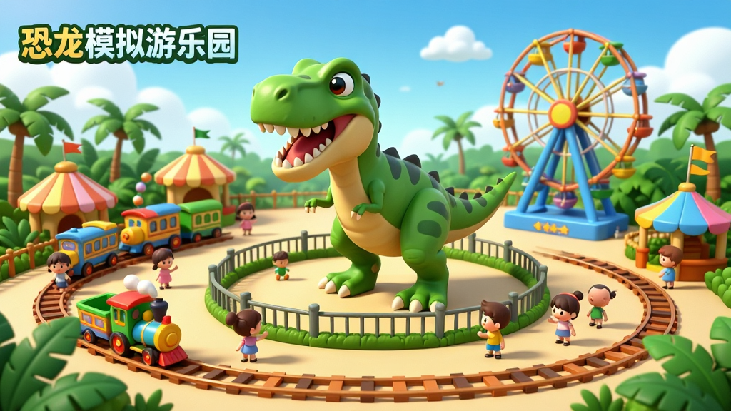 一幅3D卡通风格的恐龙主题游乐园全景图,画面中央是一只巨大的绿色霸王龙站在围栏内,周围有彩色的小火车轨道和摩天轮,游客小人穿插其中,背景是蓝天白云和热带植物,画面左上角有