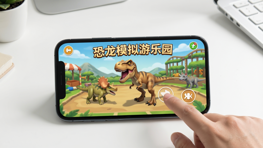 一部智能手机屏幕上显示恐龙模拟游乐园的游戏界面,旁边有手指点击操作,背景是简洁的桌面环境,画面中有