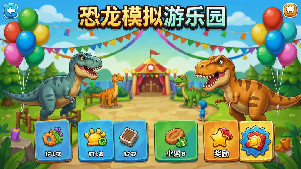 恐龙模拟游乐园的活动界面截图,画面中有多个任务卡片和奖励图标,背景是节日装饰的恐龙园区,有彩带和气球,画面顶部有