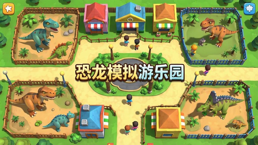 一个俯瞰视角的恐龙主题公园建设界面,画面中有各种彩色建筑和围栏区域,不同种类的恐龙在各自的区域活动,游客在步道上行走,画面中央有