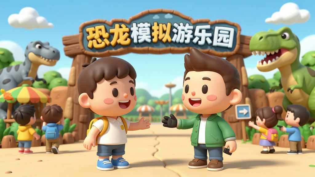 两个卡通角色站在恐龙乐园门口互相打招呼,背景是恐龙园区和游客,画面中有