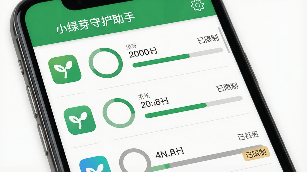 一张展示小绿芽守护助手应用管理界面的图片,主体为手机屏幕特写,屏幕上以列表形式展示多个应用图标与使用时长进度条,部分应用显示“已限制”标签;布局为纵向列表排版,顶部有软件名称“小绿芽守护助手”与设置图标;风格为清爽扁平化,细节包括绿灰配色、圆形进度条与时间数字,画质高清,无多余元素。