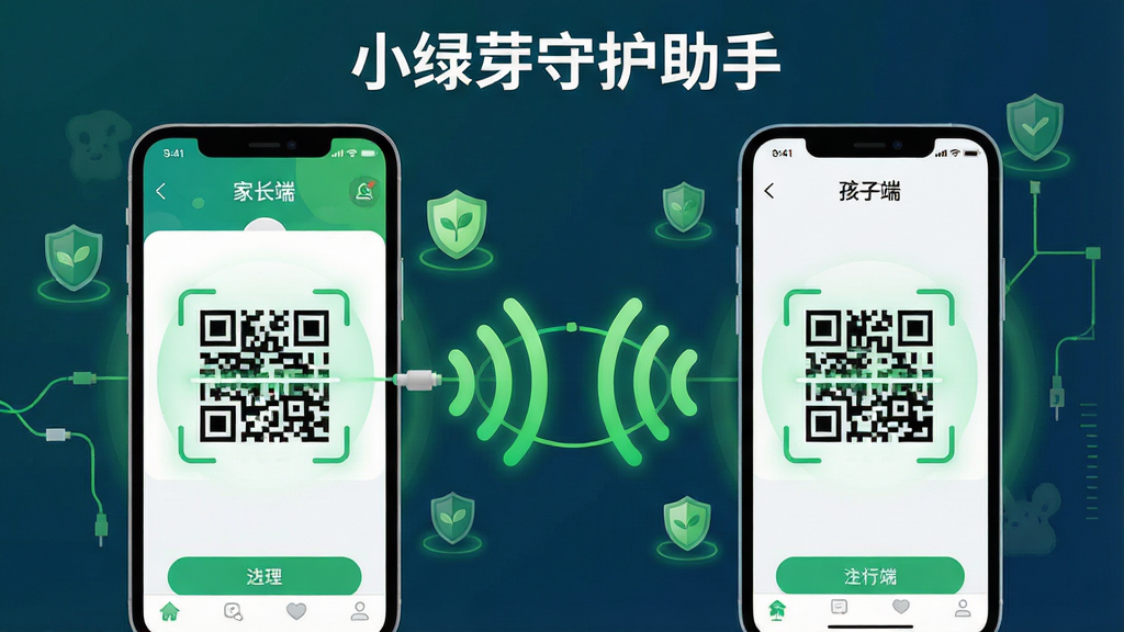 一张表现小绿芽守护助手远程绑定功能的示意图,主体为两部手机通过无线信号连接,左侧手机显示家长端界面,右侧手机显示孩子端界面,屏幕中央有二维码扫描动画;布局为左右对称,上方有软件名称“小绿芽守护助手”字样;风格为科技感插画风,细节包括连接线、盾牌图标与绿色光晕,画质清晰干净,无多余元素。