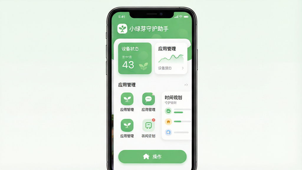 一张展示小绿芽守护助手软件界面的预览图,主体为居中放置的智能手机,屏幕上显示清新绿色调的守护助手主界面,包含设备状态卡片、应用管理图标与时间规划模块;布局采用简洁三栏式排版,上方为软件名称“小绿芽守护助手”与logo标识,中部为核心功能入口,下方为操作按钮;风格为现代扁平化设计,细节上图标圆润、配色以嫩绿与白色为主,画质高清干净,无多余元素。