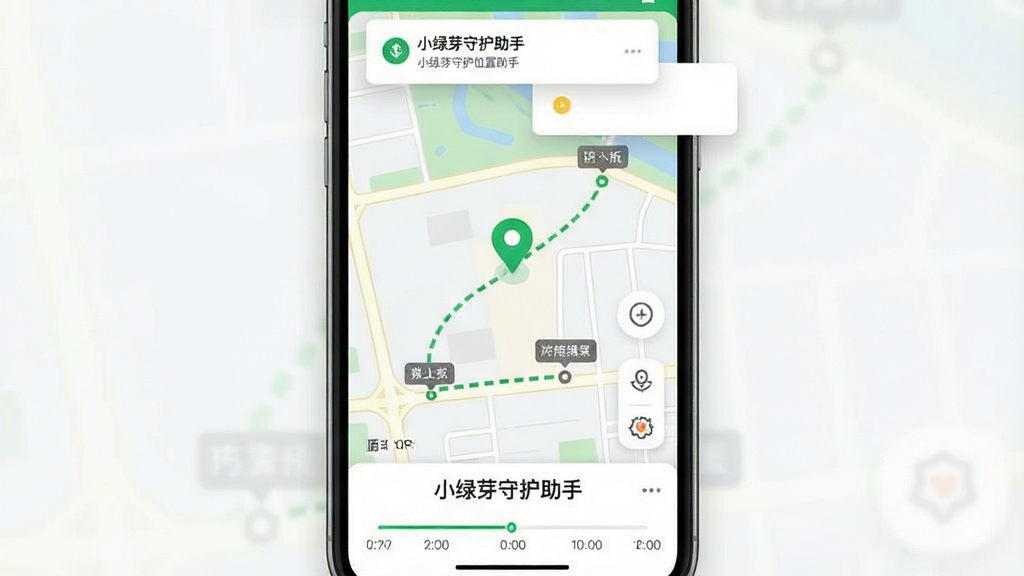 一张表现小绿芽守护助手位置查看功能的示意图,主体为手机屏幕显示地图界面,地图上有定位标记与移动轨迹线,底部有软件名称“小绿芽守护助手”与时间轴;布局为全屏地图加悬浮卡片,风格为现代地图应用风格,细节包括绿色定位点、虚线轨迹与地点标签,画质清晰干净,无多余元素。