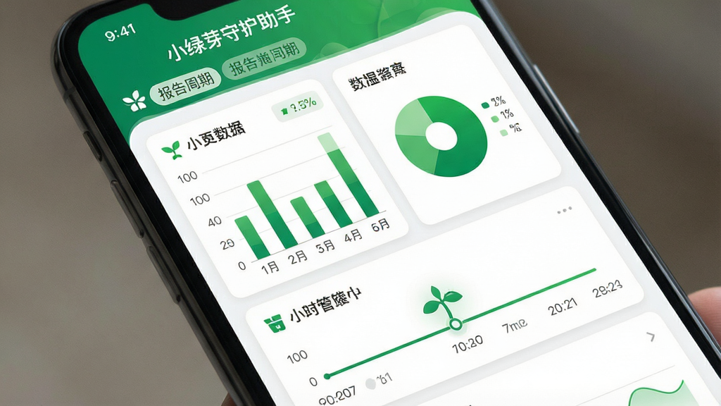 一张展示小绿芽守护助手使用报告界面的图片,主体为手机屏幕显示数据图表,包括柱状图、饼图与时间线,顶部有软件名称“小绿芽守护助手”与报告周期标签;布局为卡片式信息流,风格为数据可视化风格,细节包括绿色系图表、数字标注与图标,画质高清干净,无多余元素。