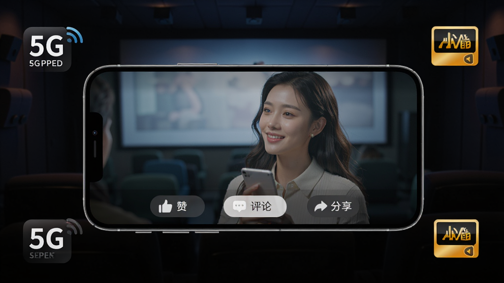 ����չʾ5G���ӽ����Ƶ���Ž��棬�ֻ��������ã���Ļ�в��Ÿ������Ƶ���棬�·��е��ޡ����ۡ�������ť������Ϊ��ɫӰԺ�����Χ��5G�����ٶȱ�ʶ����廭��ͼ�꣬���岼�ֺ���������ִ���ϸ�ھ��£����ʸ��壬�ɾ��޶���Ԫ��