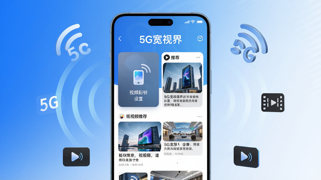 ��������չʾһ�������ֻ�����Ļ�ڳ���5G���ӽ�Ӧ�������棬�Ϸ��С�5G���ӽ硱���������������Ƶ����������������Ƶ�ٲ����Ƽ�������Ϊ���׽���Ƽ��з����Χ����5G�źŲ�������Ƶ����ͼ�꣬���岼�ּ������������ִ��Ƽ���ϸ�ڷḻ�����ʸ��壬�ɾ��޶���Ԫ��