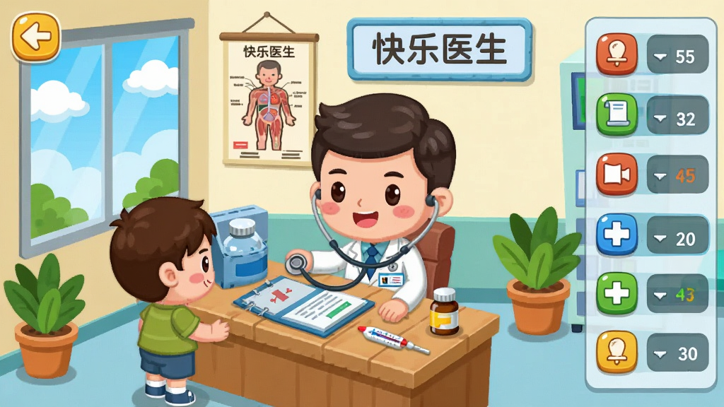 一幅2D卡通风格的游戏界面展示图,画面描绘一间忙碌的医院诊室,Q版医生坐在办公桌前用听诊器为小病人检查,桌上摆放着病历本、体温计和药品瓶,背景墙上挂着人体解剖图和