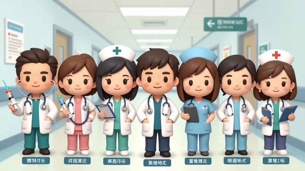 一幅展示游戏角色阵容的插图,画面中排列着七位Q版医生和护士角色,每个人物穿着不同颜色的医疗制服,手持听诊器、注射器、病历夹等道具,站成一排面带微笑,背景是医院走廊的透视场景,布局为横向排列的角色展示图,风格为统一比例的卡通Q版设计,细节包括每个人物脚下的姓名标签、背景墙上的科室指示牌,画质清晰干净,无多余元素