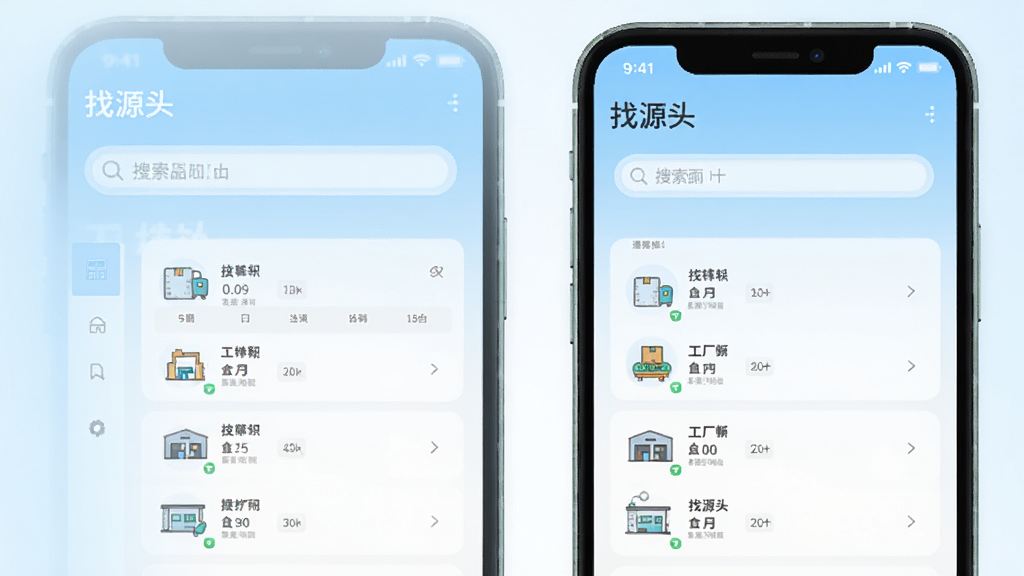找源头软件主界面展示,手机屏幕显示工厂列表和搜索框,背景为浅蓝色渐变,画面干净整洁,无多余元素,高清画质,扁平化设计风格,文字清晰标注