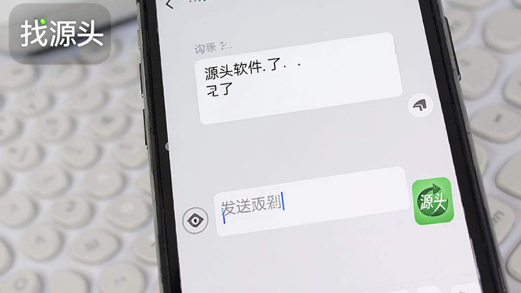 找源头软件聊天沟通界面,手机屏幕显示与厂家对话窗口,包含文字输入框和发送按钮,背景为浅灰色,风格清新简洁,画面中带有