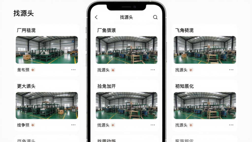 找源头应用内展示工厂资源列表页面,手机屏幕呈现多个工厂卡片,包含工厂名称和产品缩略图,背景为白色,布局整齐,风格简约商务,文字标注