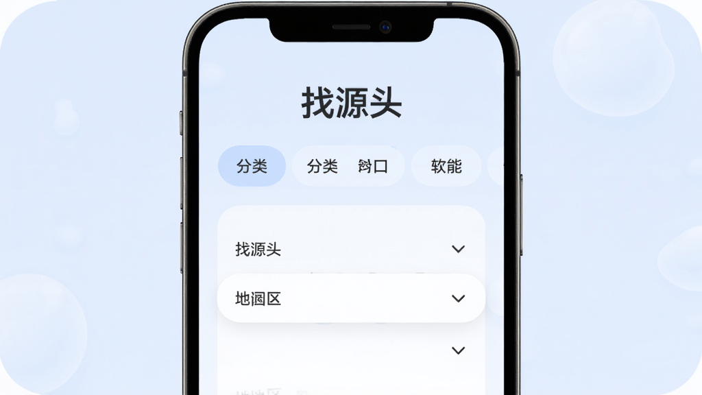找源头软件筛选功能界面,手机屏幕展示分类标签和地区选择下拉菜单,背景为淡蓝色,布局清晰,风格柔和圆角,文字标注