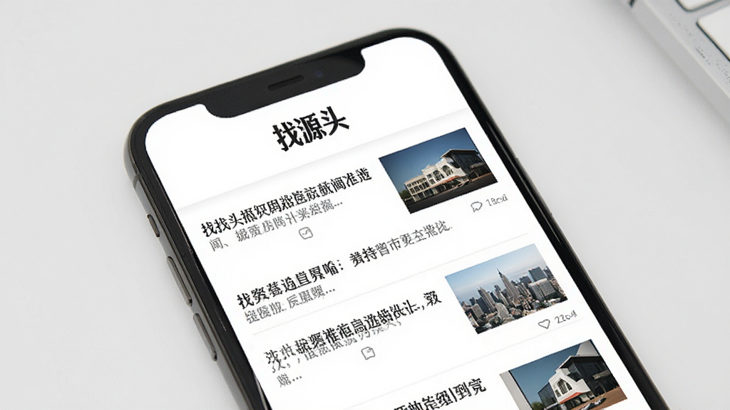 找源头资讯页面展示,手机屏幕显示新闻列表和缩略图,背景为白色,风格素雅极简,顶部有