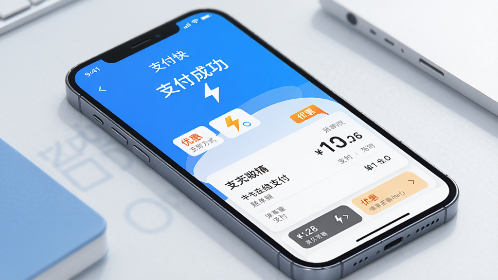 一幅以蔚蓝快充在线支付为主题的界面展示图,主体为手机屏幕,屏幕上显示支付成功页面与账单详情,布局为垂直排列,风格为清新商务风,细节包含支付方式图标、金额数字、优惠标签,画质高清干净,无多余元素